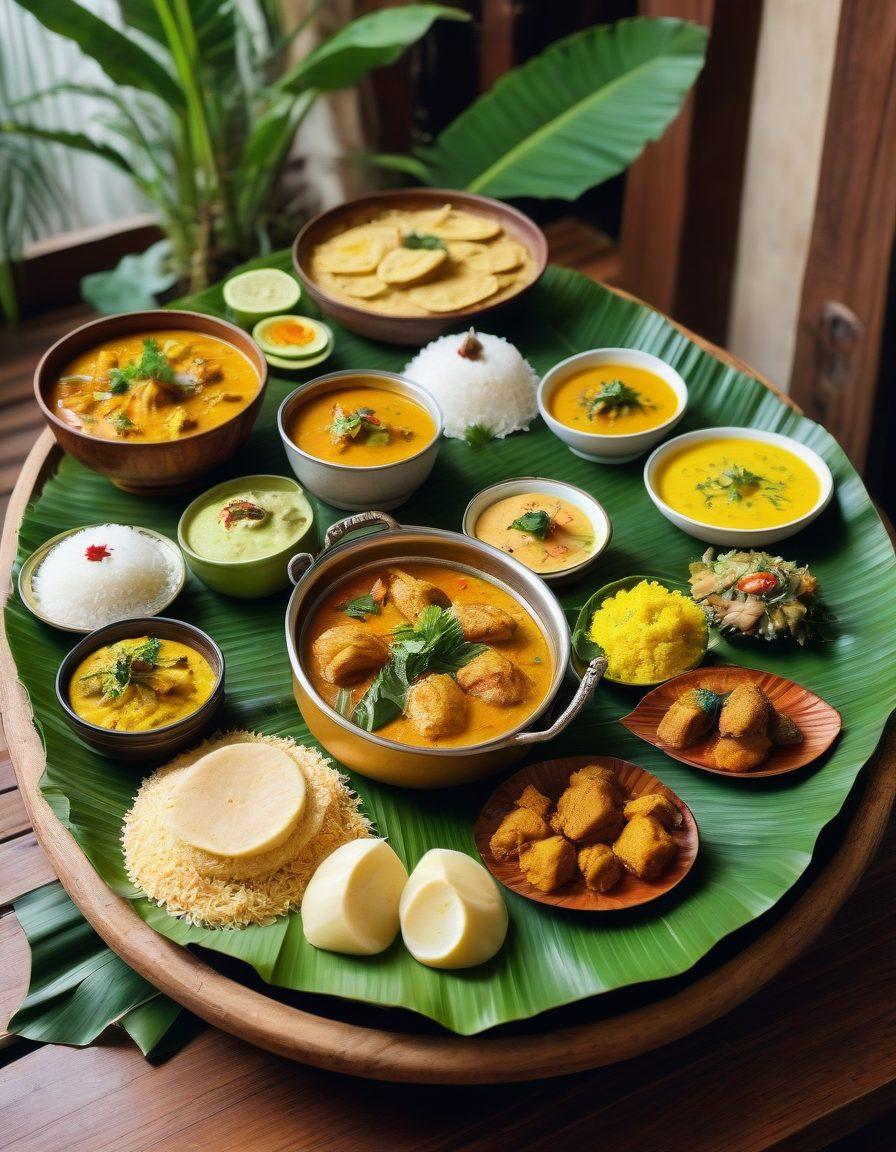 A colorful spread of traditional Bengali dishes including fish curry, rice, shorshe ilish, and mishti doi, presented on intricately designed banana leaves, surrounded by fragrant spices and fresh herbs. The background features a rustic wooden table and faint hints of Bengali architecture. Bright and inviting, evoking the warmth of a bustling Bengali kitchen. vibrant colors. realistic. warm tones.