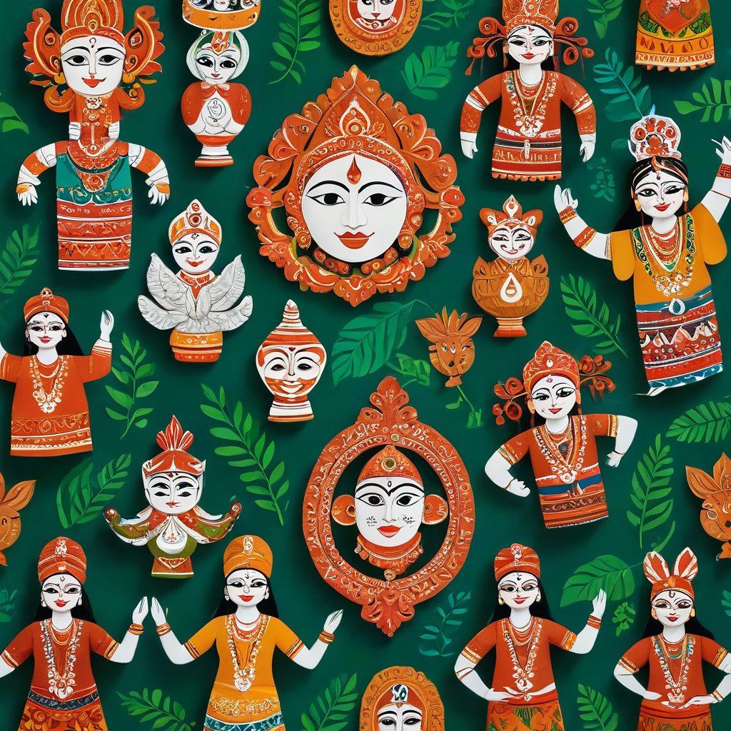 A vibrant collage showcasing traditional Bengali crafts like terracotta masks, intricate wood carvings, and colorful clay pottery surrounded by performers in colorful attire dancing in celebration. The background features lush greenery with elements of Bengali folk art patterns and symbols. Bright, lively colors reflect the rich cultural heritage. super-realistic. vibrant colors. white background.