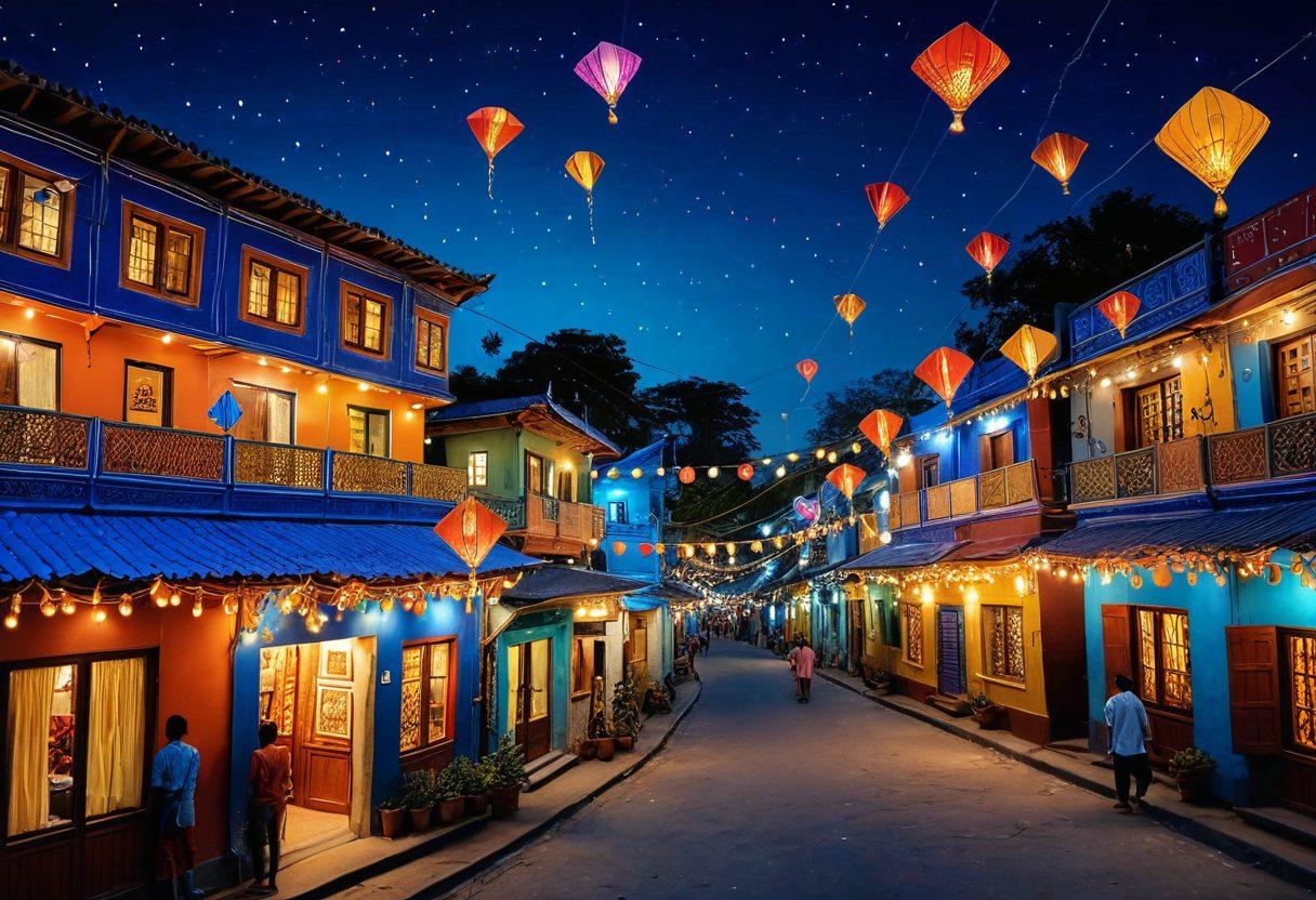 A vibrant collage showcasing the essence of Bengali culture, featuring traditional festivals with colorful kites soaring in the sky, intricate art forms like Madhubani painting, aromatic dishes such as mishti doi and puchka on a decorative plate, and musicians playing folk instruments, all set against a backdrop of lively streets decorated with fairy lights. super-realistic. vibrant colors. 3D.